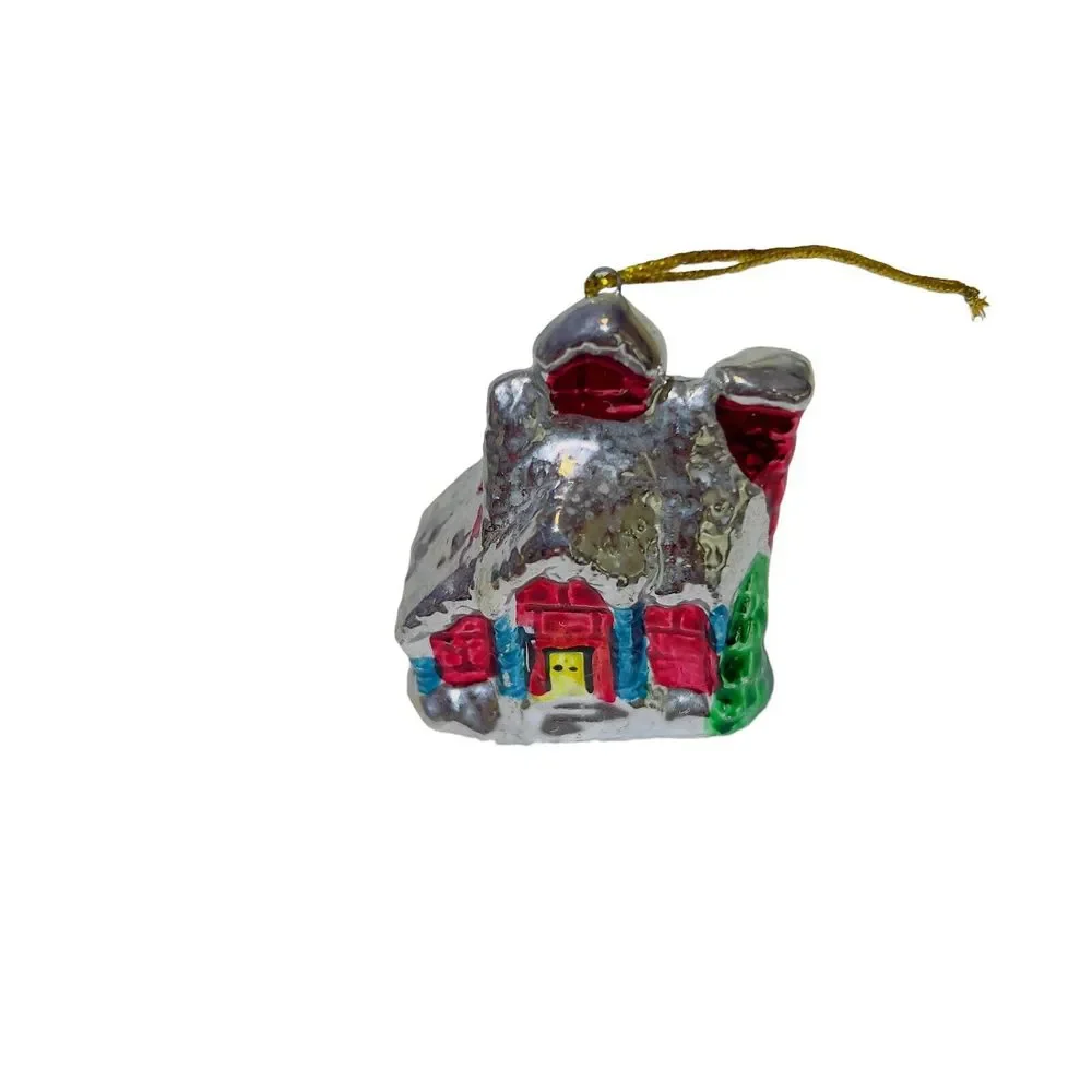 VTG Ceramic Christmas Tree Village House Metallic‎ Glaze Side Chimney Ornament